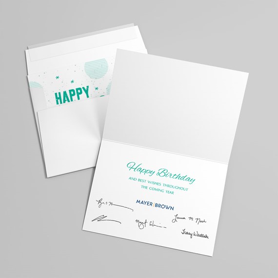 birthday card with teal text and decorative pattern