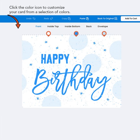 birthday card design with blue text and patterned background