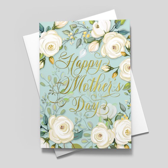 floral greeting card with gold text