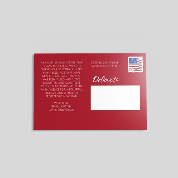 red postcard with address area and decorative stamp