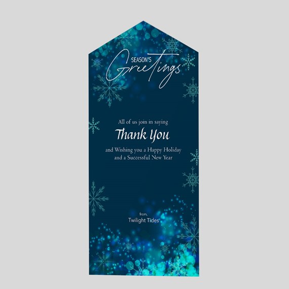 blue greeting card with snowflakes and text