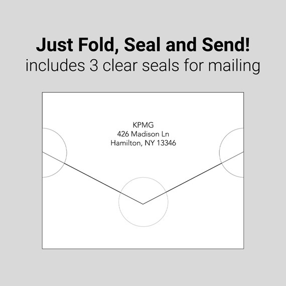 envelope design with fold and seal feature, address lines, and clear seals
