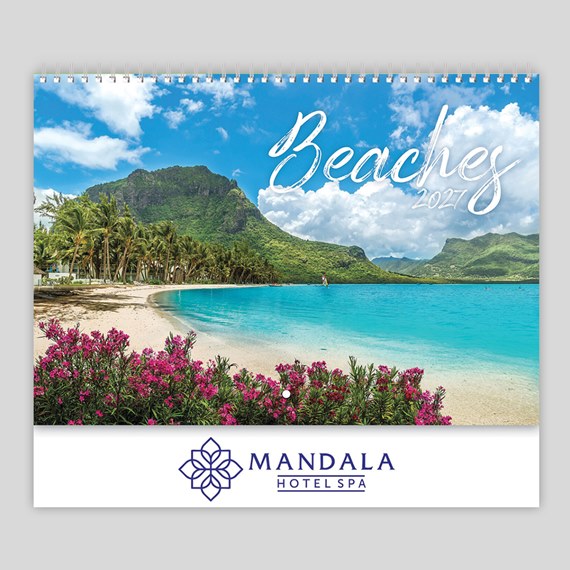 beach scene calendar page with logo and year