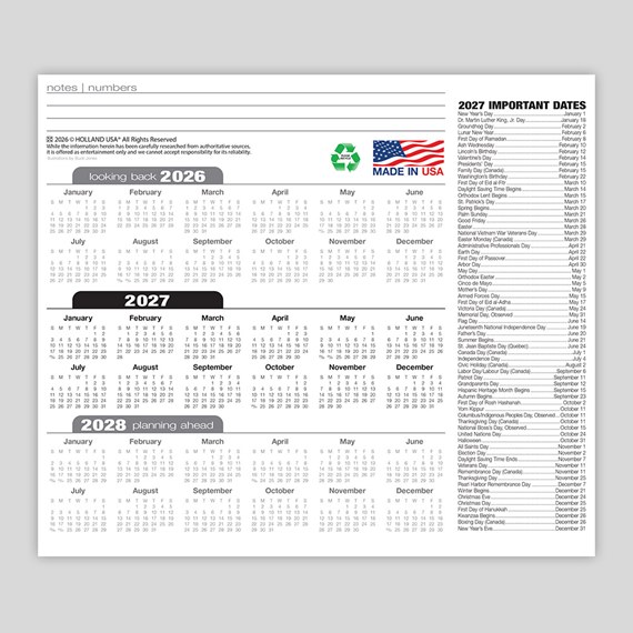 calendar design for 2026, 2027, and 2028 with important dates