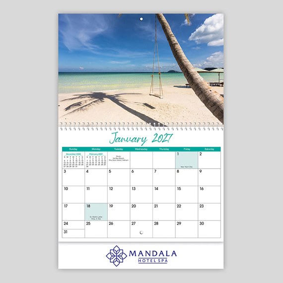 tropical beach calendar with photo and date layout